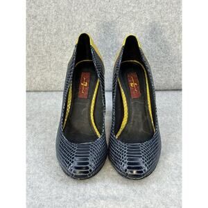7 For All Mankind Veta Round Toe Pumps Snake Skin Yellow Black Wooden Heel 7.5M